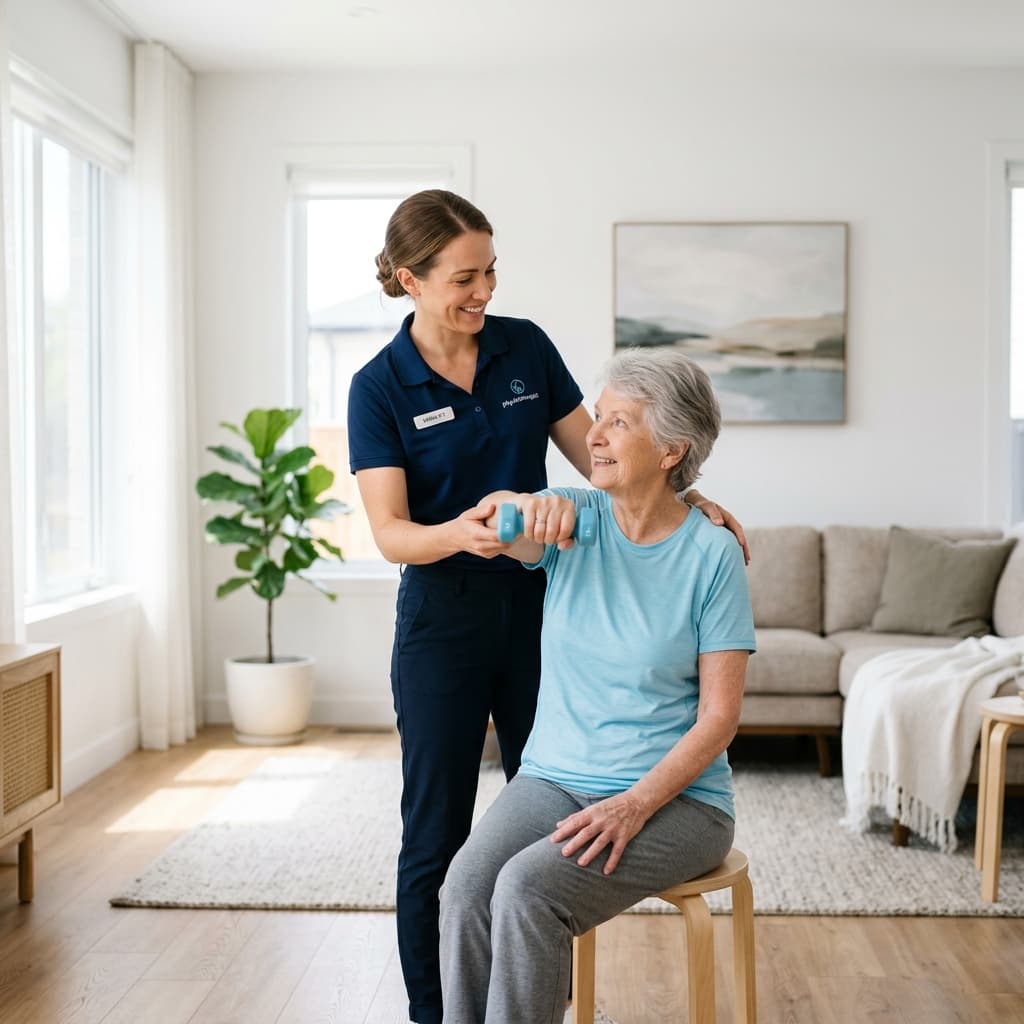 Physiotherapist guiding patient through shoulder exercises at home